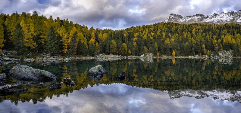 Autumn Forest Lake — Green, Serene, Photograph, Trees, Mountain, Rock