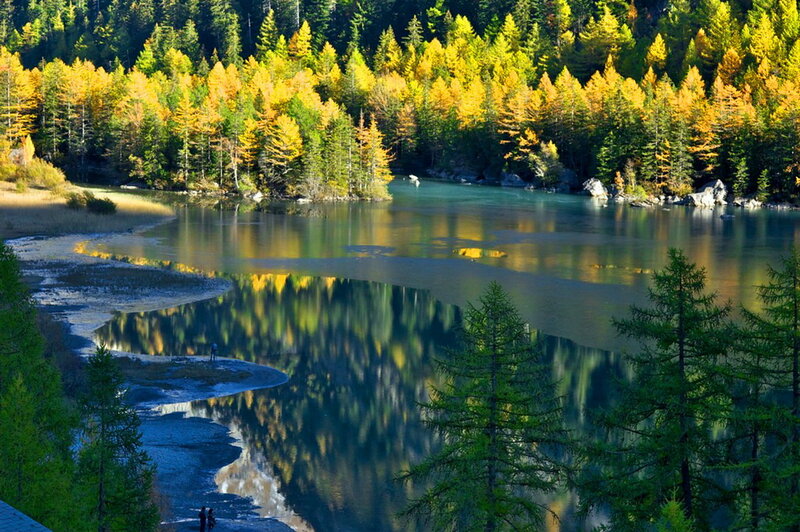 Autumn Forest Lake — Green, Serene, Photograph, Trees, River, People