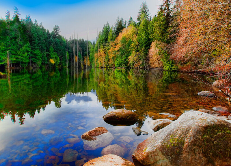 Autumn Forest Lake — Green, Serene, Photograph, Trees, Rocks, Reflection