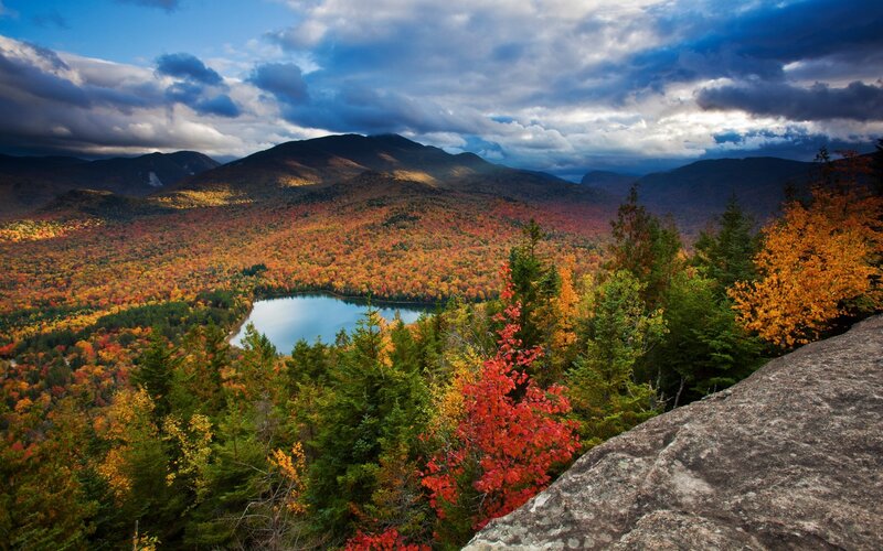 Autumn Forest Lake — Orange, Dramatic, Photograph, Mountains, Trees, Clouds