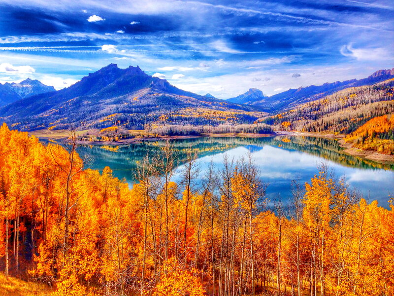 Autumn Forest Lake — Orange, Dramatic, Photograph, Mountains, Trees, Sky