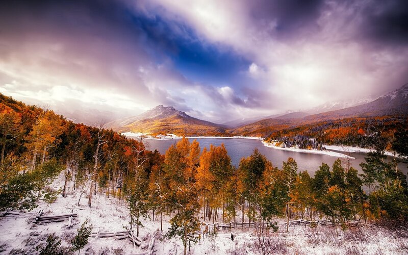 Autumn Forest Lake — Orange, Dramatic, Photograph, Mountains, Trees, Snow