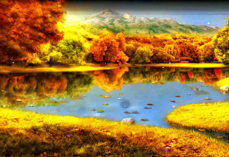 Autumn Forest Lake — Orange, Serene, Digital Art