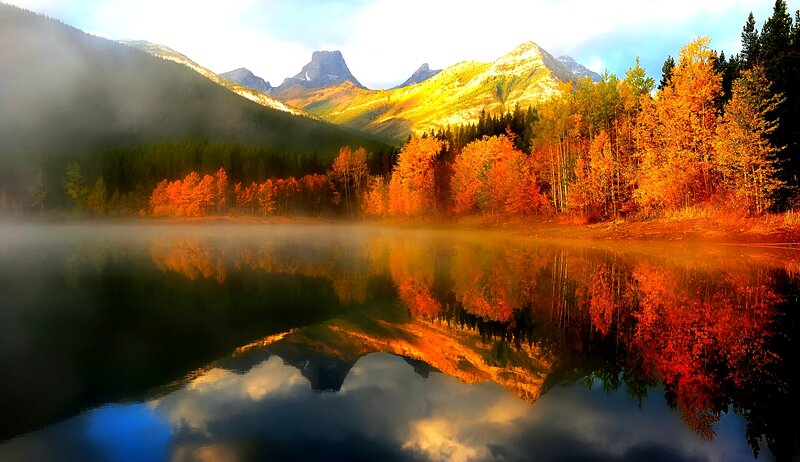 Autumn Forest Lake — Orange, Serene, Morning, Photograph