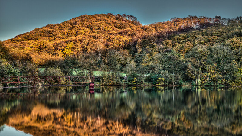 Autumn Forest Lake — Orange, Serene, Photograph, Bridge
