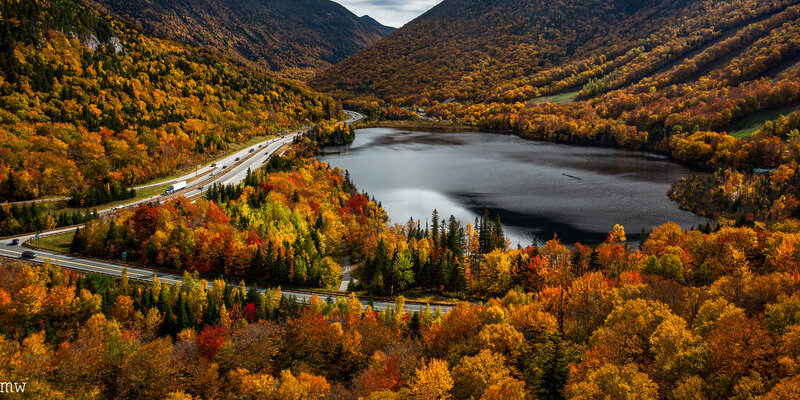 Autumn Forest Lake — Orange, Serene, Photograph, Road, Mountains