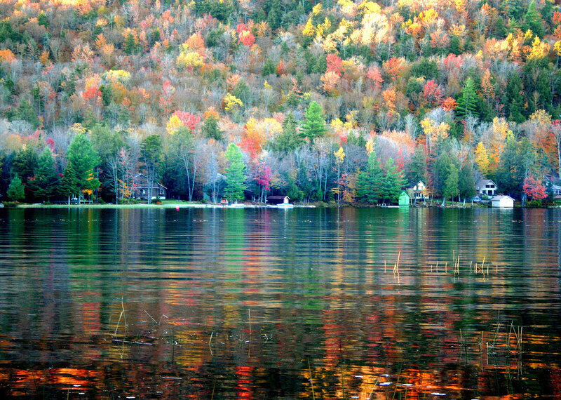 Autumn Forest Lake — Orange, Serene, Photograph, Trees, Houses