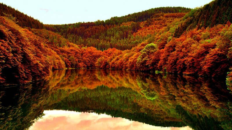 Autumn Forest Lake — Orange, Serene, Photograph, Trees, Mountains, Reflection