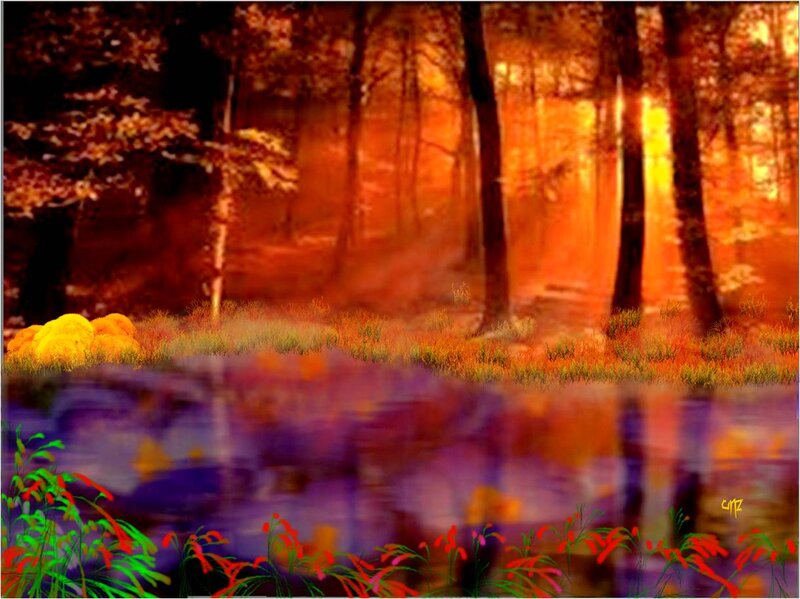 Autumn Forest Lake — Orange, Serene, Sunset, Digital Art
