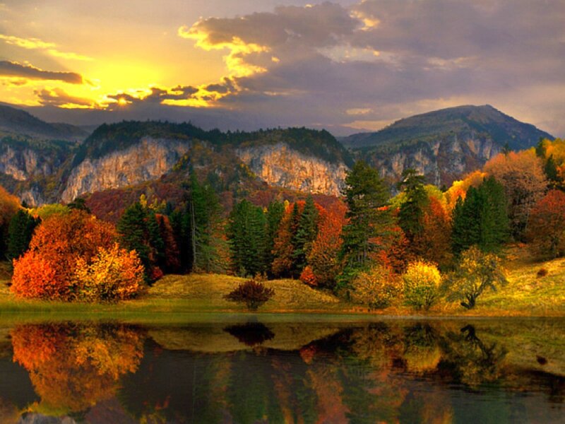 Autumn Forest Lake — Orange, Serene, Sunset, Photograph, Mountains