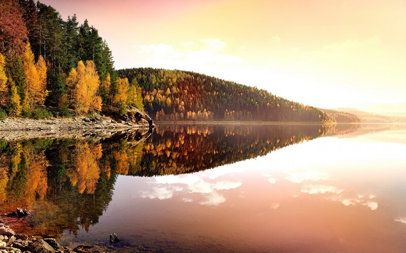 Autumn Forest Lake — Orange, Serene, Sunset, Photograph, Trees, Mountain