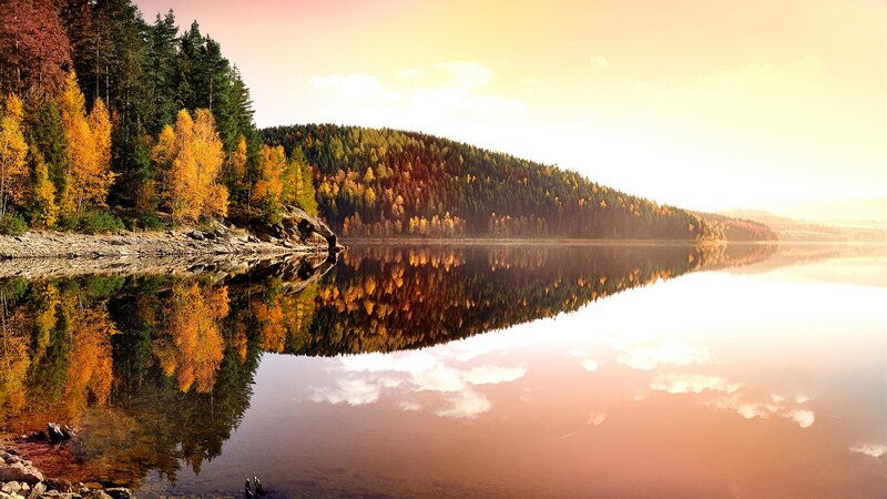 Autumn Forest Lake — Orange, Serene, Sunset, Photograph, Trees, Reflection