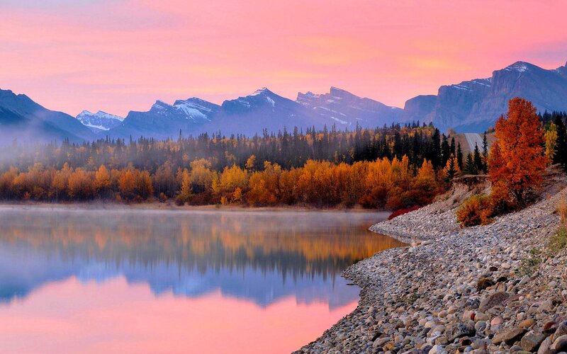 Autumn Forest Lake — Pink, Serene, Sunset