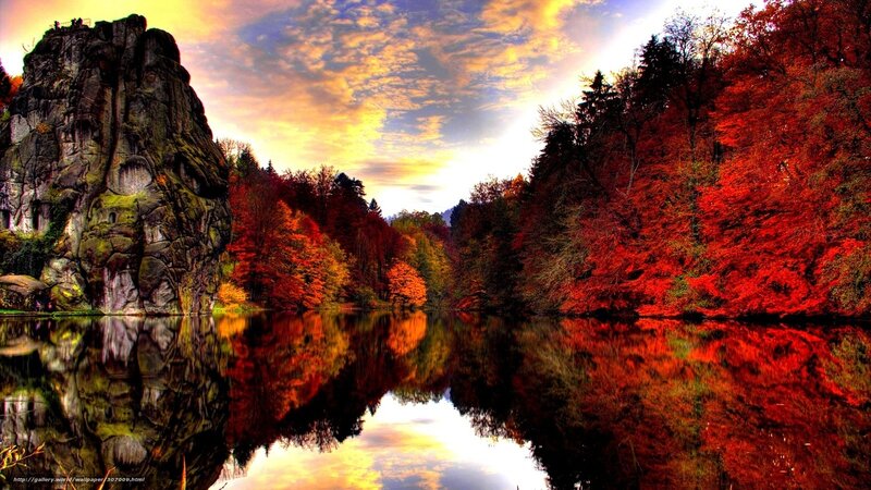 Autumn Forest Lake — Red, Dramatic, Sunset, Photograph