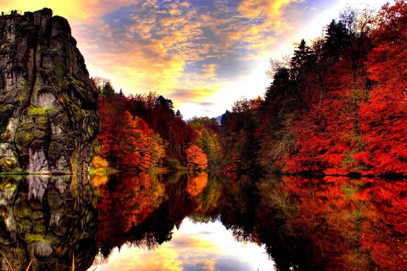 Autumn Forest Lake — Red, Dramatic