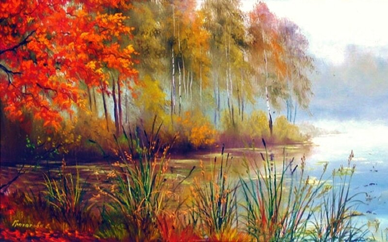 Autumn Forest Lake — Red, Serene, Painting