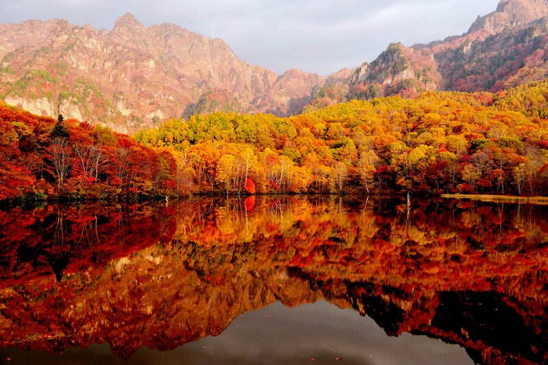 Autumn Forest Lake — Red, Serene, Photograph, Mountains