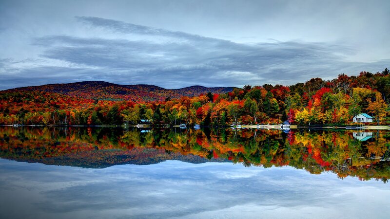 Autumn Forest Lake — Red, Serene, Photograph, Trees, Mountains, House