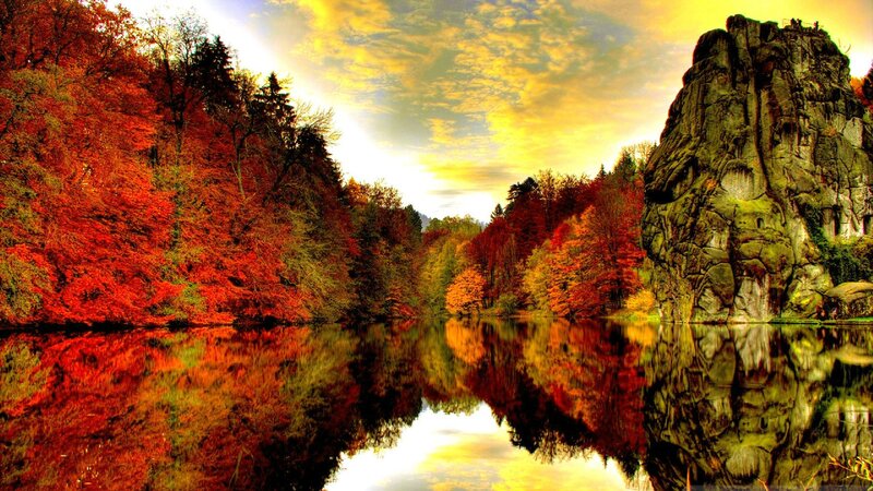 Autumn Forest Lake — Red, Serene, Sunset, Photograph, Trees