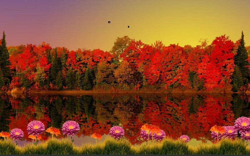 Autumn Forest Lake — Red, Serene, Sunset