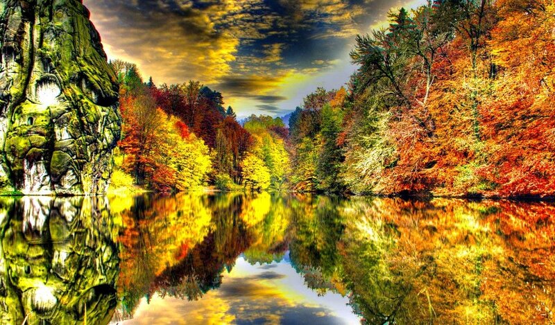 Autumn forest lake reflection