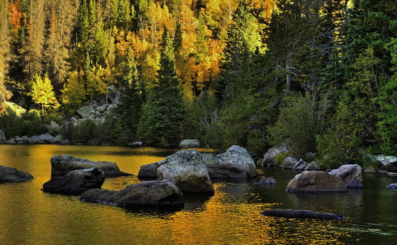 Autumn Forest Lake — Yellow, Serene, Photograph, Trees, Rocks, Water