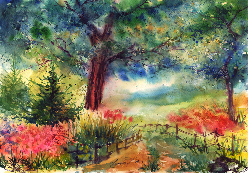 Autumn Forest Landscape — Green, Serene, Painting, Trees, Fence