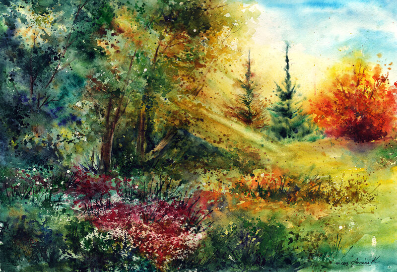 Autumn Forest Landscape — Green, Serene, Painting, Trees, Grass
