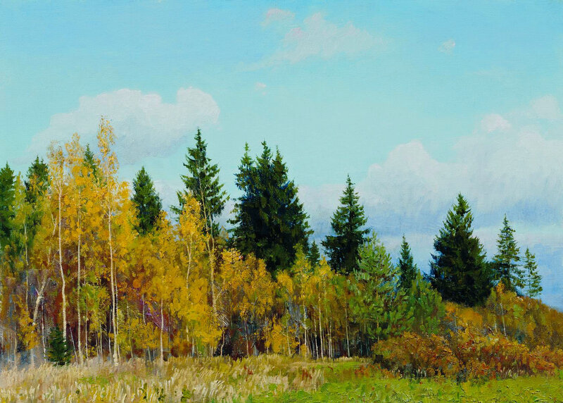 Autumn Forest Landscape — Green, Serene, Painting, Trees