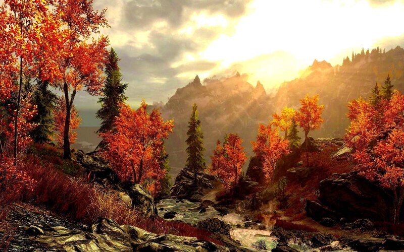 Autumn Forest Landscape — Orange, Serene, 3d Render, Mountains, River, Trees, Green