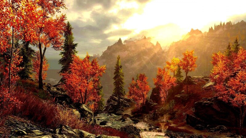 Autumn Forest Landscape — Orange, Serene, 3d Render, Mountains, River, Trees