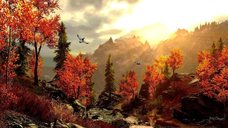 Autumn Forest Landscape — Orange, Serene, 3d Render, Mountains