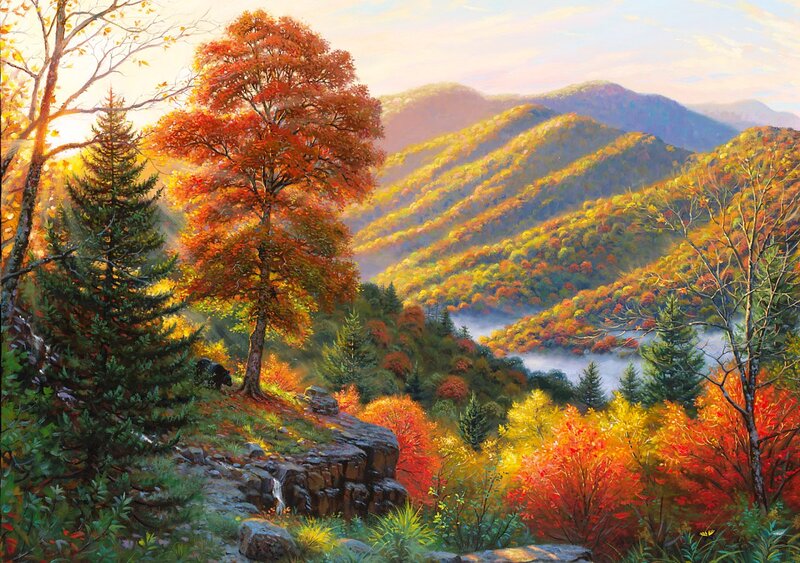 Autumn Forest Landscape — Orange, Serene, Painting, Mountains