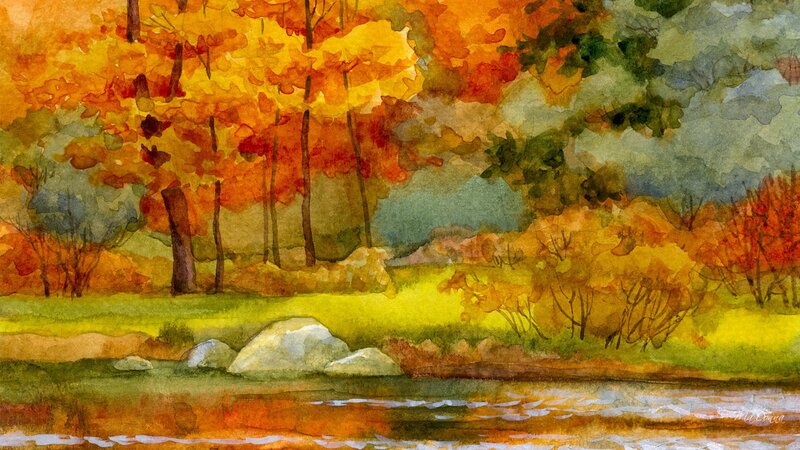 Autumn Forest Landscape — Orange, Serene, Painting