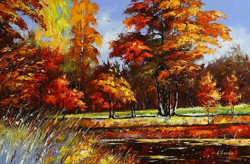 Autumn Forest Landscape — Orange, Serene, Painting, Trees
