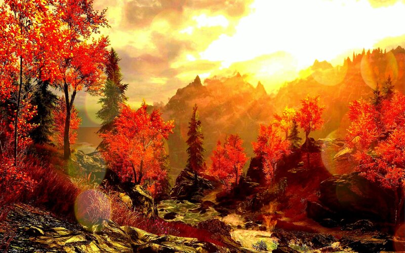 Autumn Forest Landscape — Red, Dramatic, Sunset, Digital Art