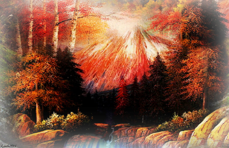 Autumn Forest Landscape — Red, Serene, Painting