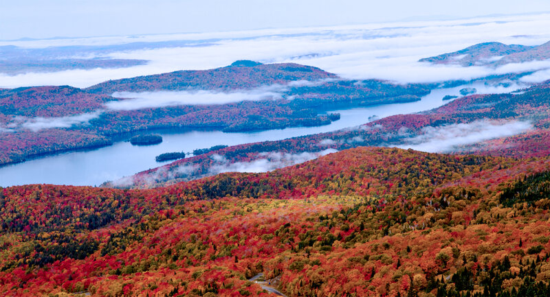 Autumn Forest Landscape — Red, Serene, Photograph, Lake, Hills