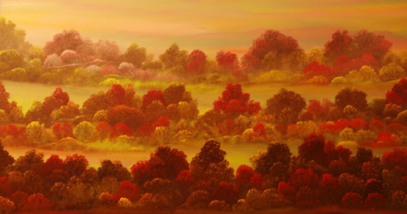 Autumn Forest Landscape — Red, Serene, Sunset