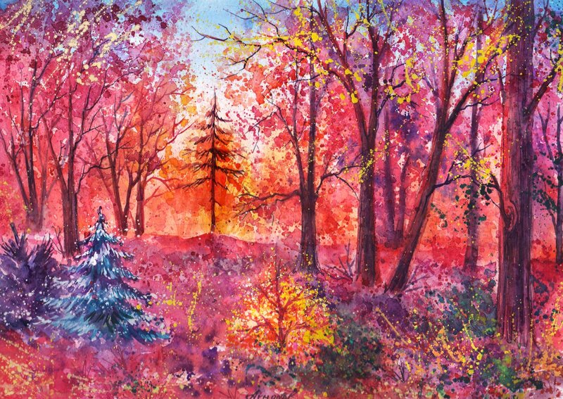 Autumn Forest Landscape — Red, Vibrant, Painting