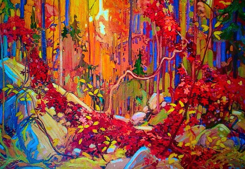 Autumn Forest Landscape — Red, Vibrant, Painting, Trees