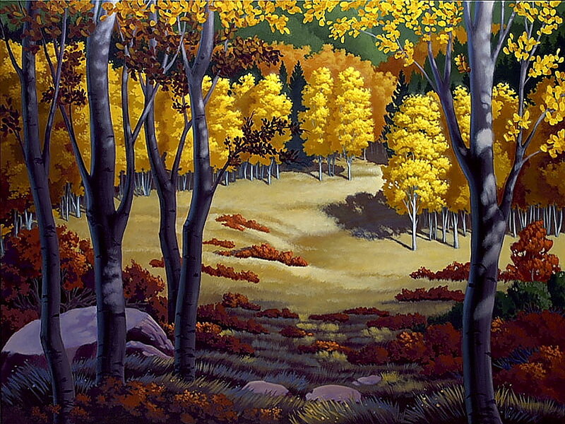Autumn Forest Landscape — Yellow, Serene, Painting