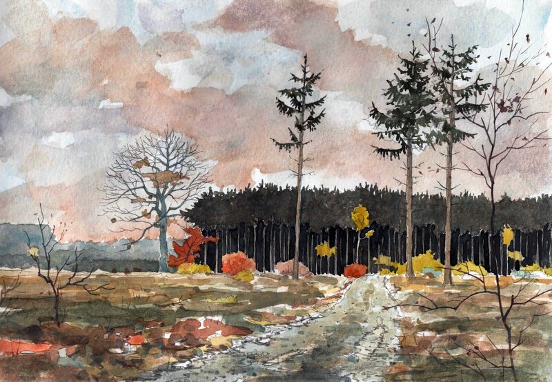 Autumn Forest Path — Brown, Serene, Painting