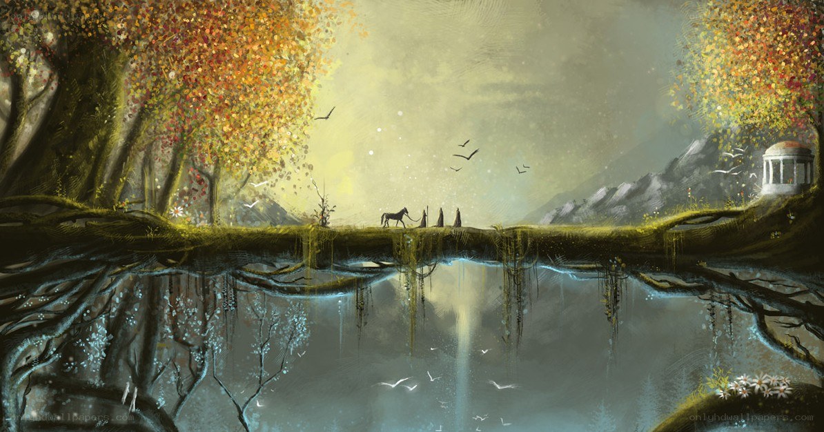 Autumn forest path by a lake