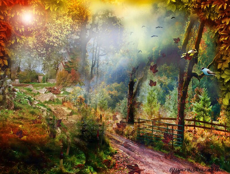Autumn Forest Path — Green, Serene, Digital Art