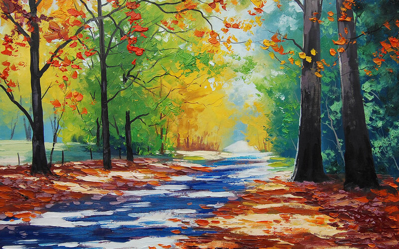 Autumn Forest Path — Green, Serene, Painting