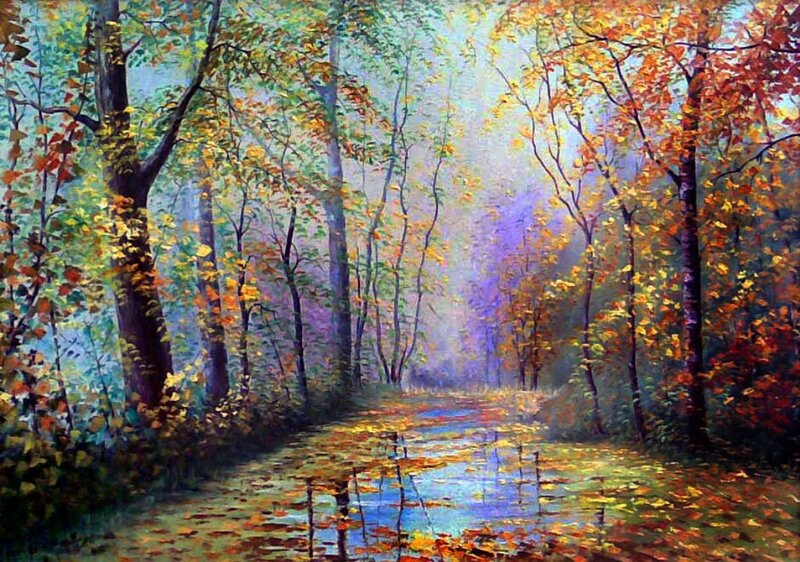 Autumn Forest Path — Green, Serene, Painting, Trees
