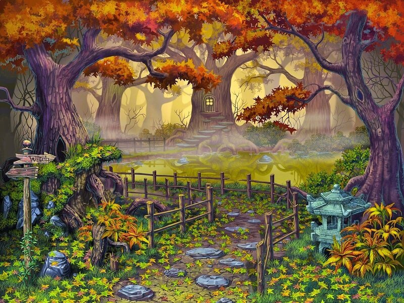Autumn Forest Path — Orange, Serene, Digital Art, Tree House