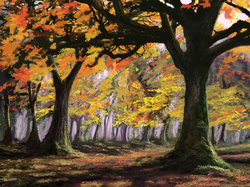Autumn Forest Path — Orange, Serene, Digital Art, Trees, Fallen Leaves