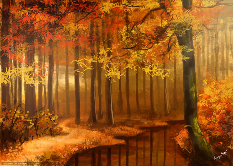 Autumn Forest Path — Orange, Serene, Digital Art, Trees, Fog